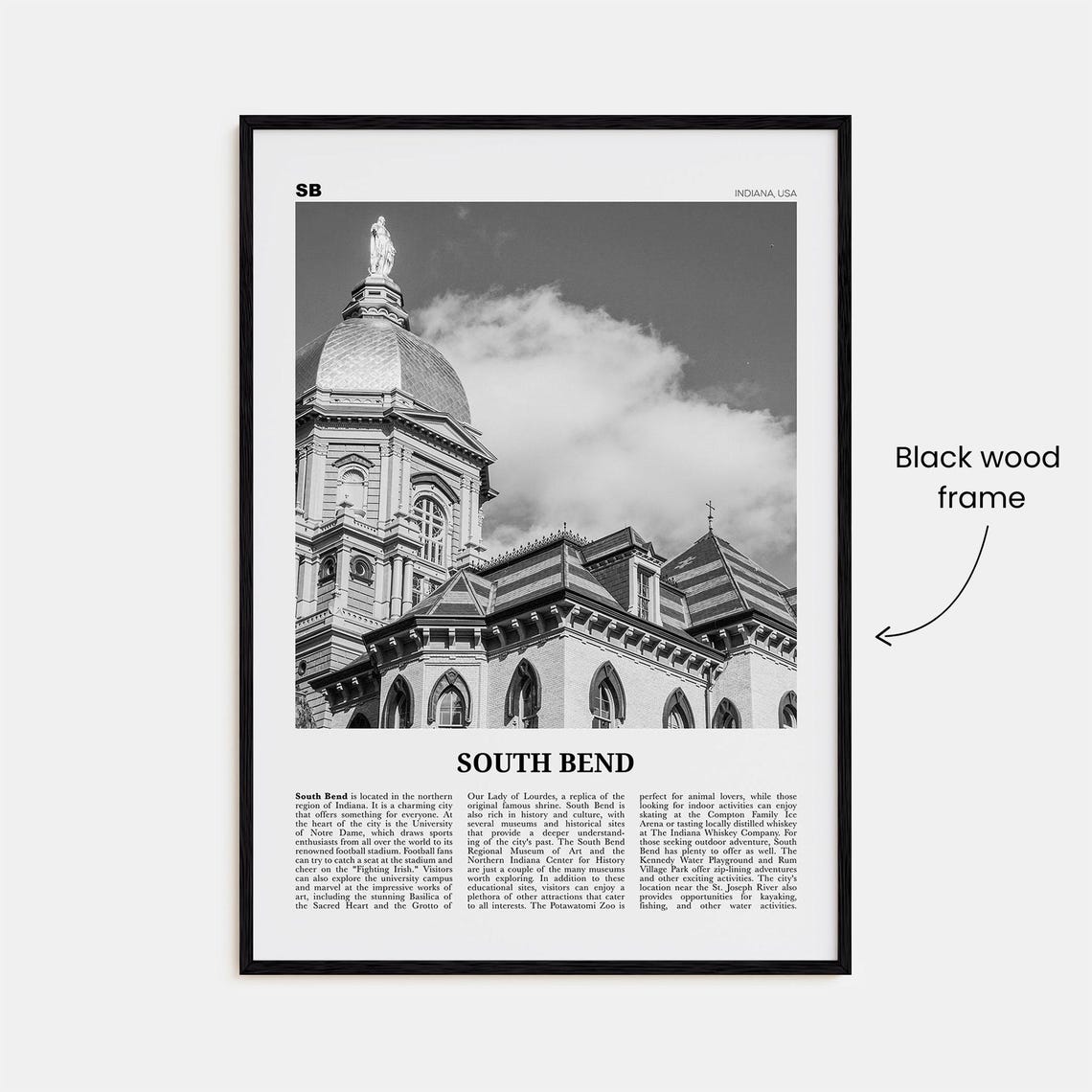 South Bend Black And White Travel Poster Print - Image 3