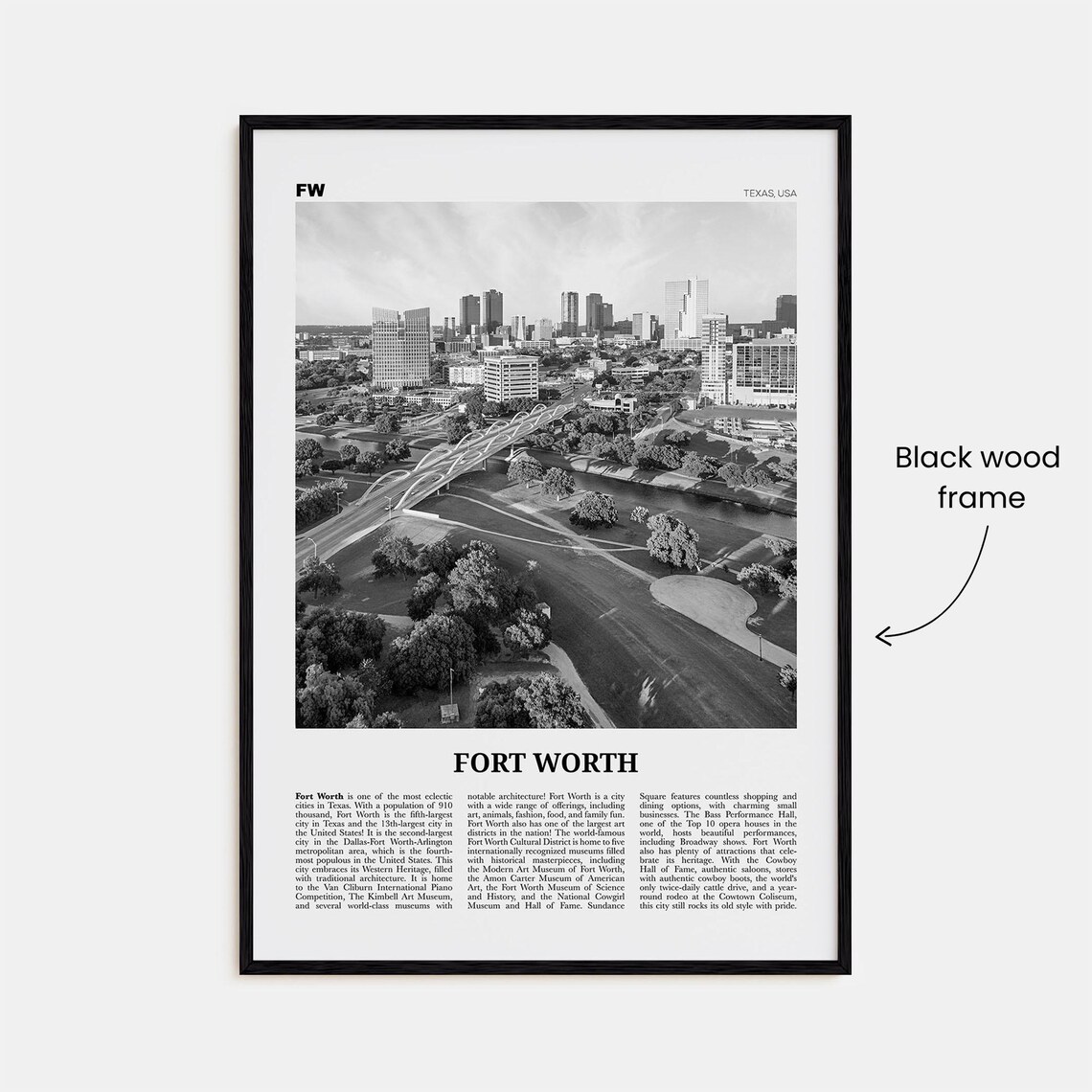 Fort Worth Black and White Travel Poster, Texas USA - Image 3