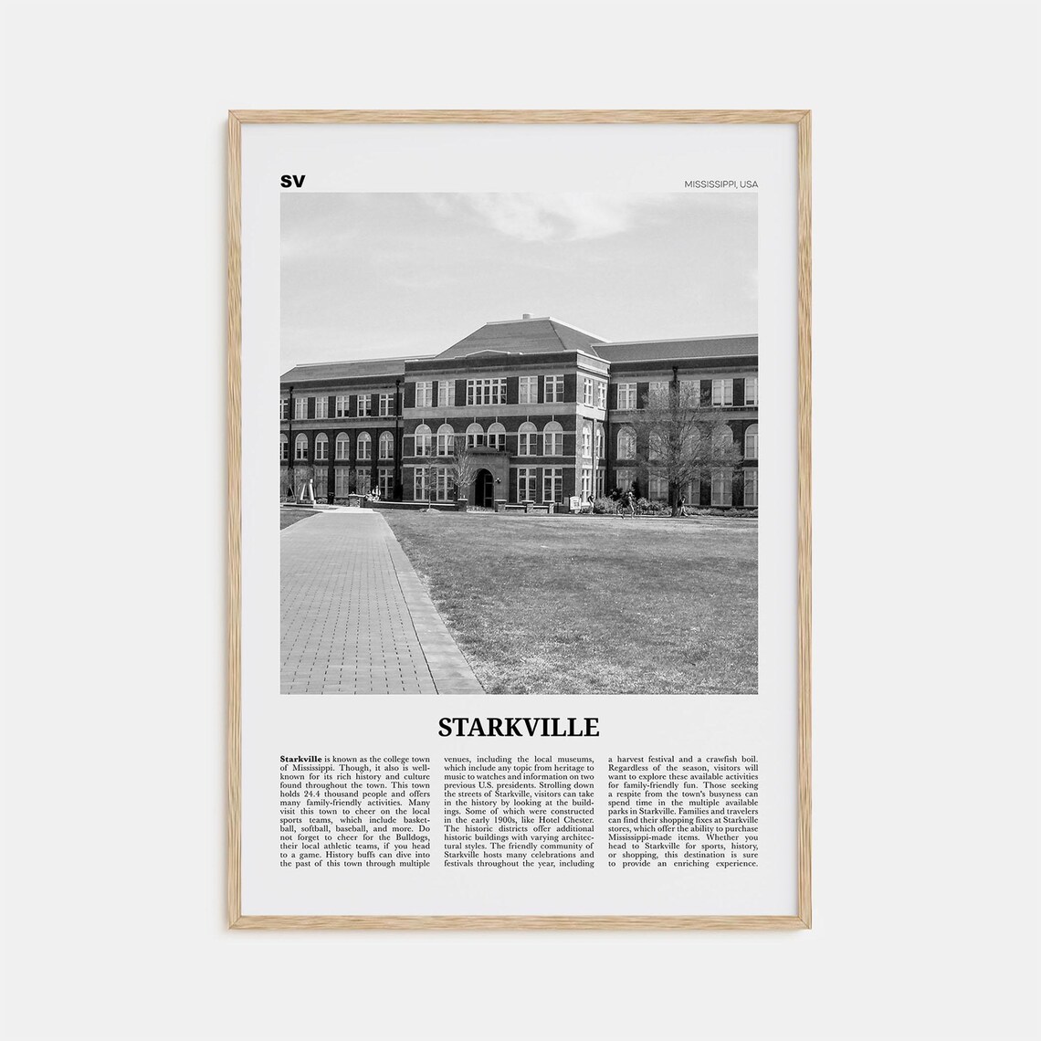 Starkville Black and White Travel Poster, Mississippi