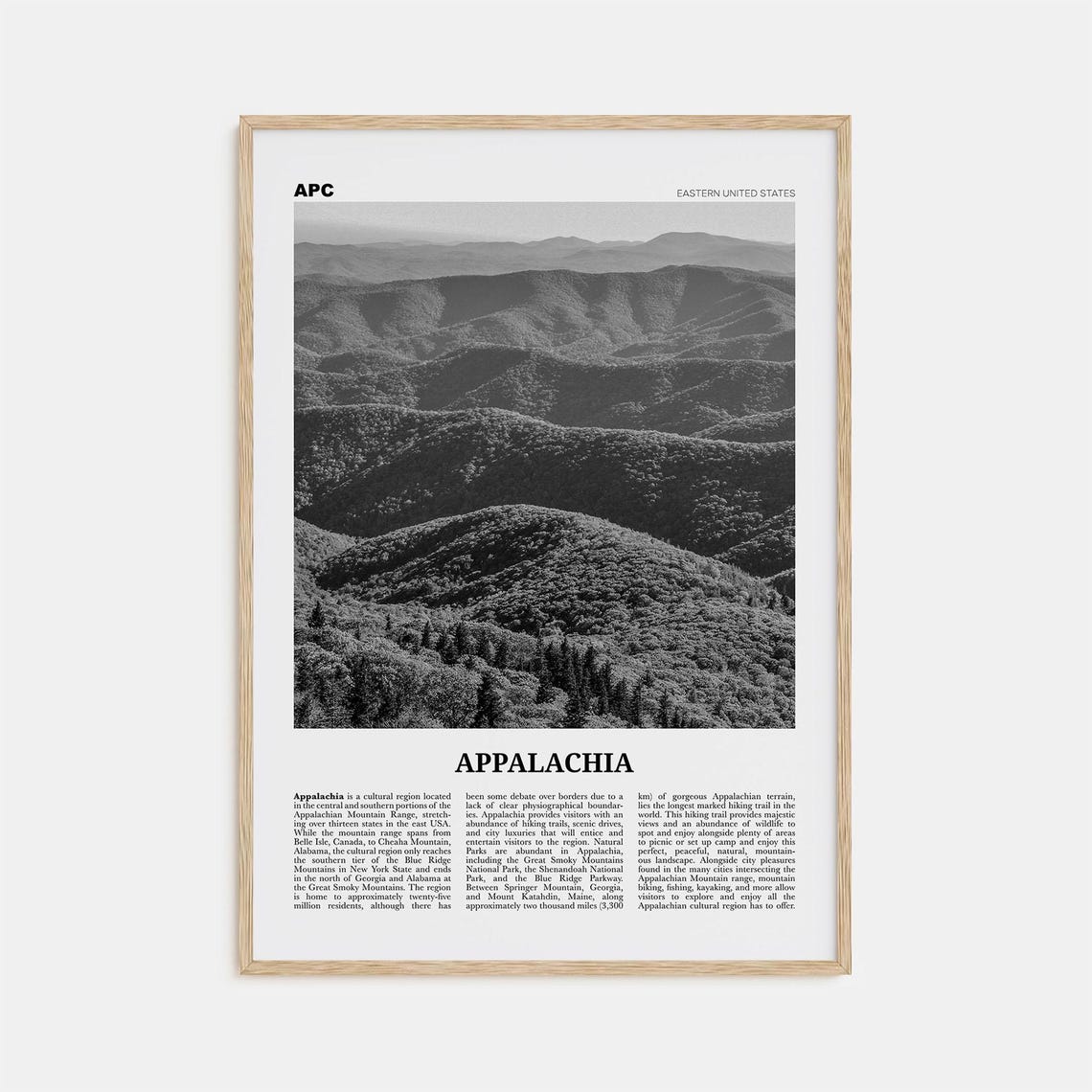 Appalachia Black and White Travel Poster, Eastern Map