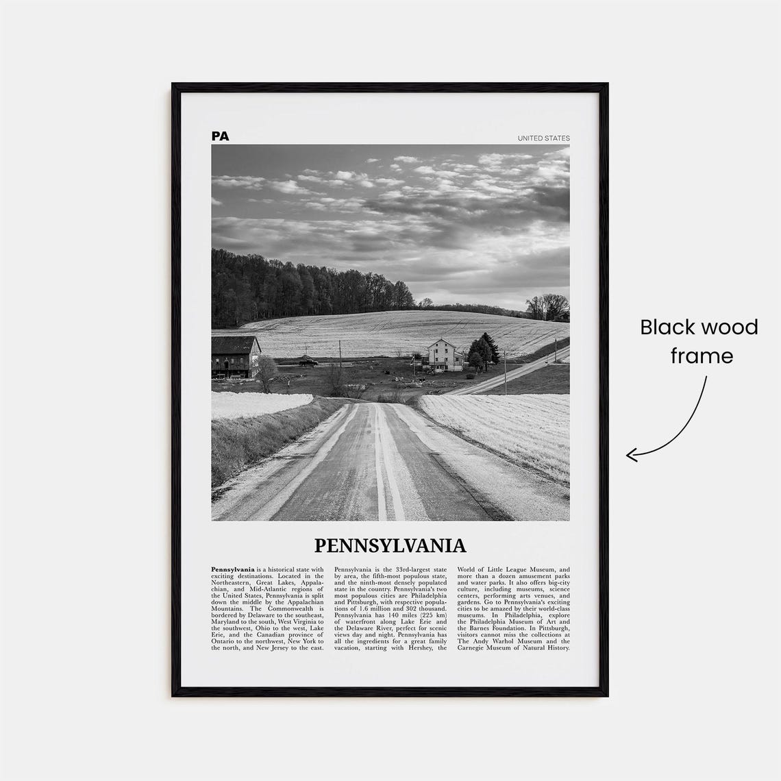 Pennsylvania Black and White Map Poster Print - Image 3
