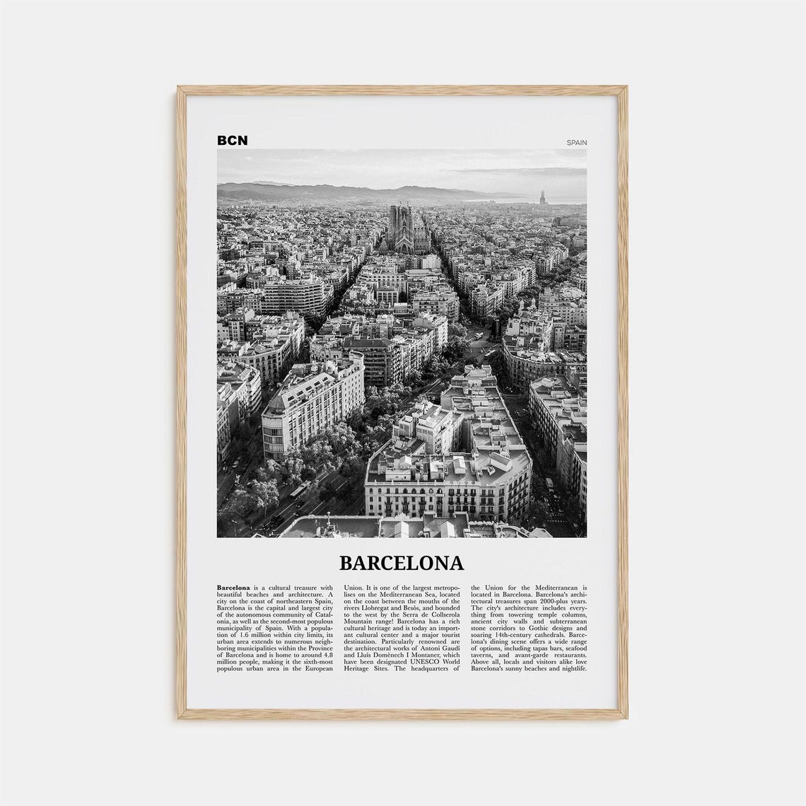 Barcelona Black and White Travel Poster, Catalonia Spain