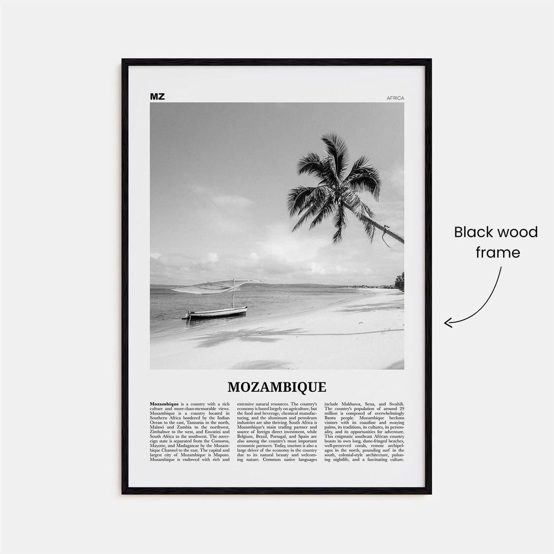 Mozambique Black and White Travel Poster, Maputo Map - Image 3
