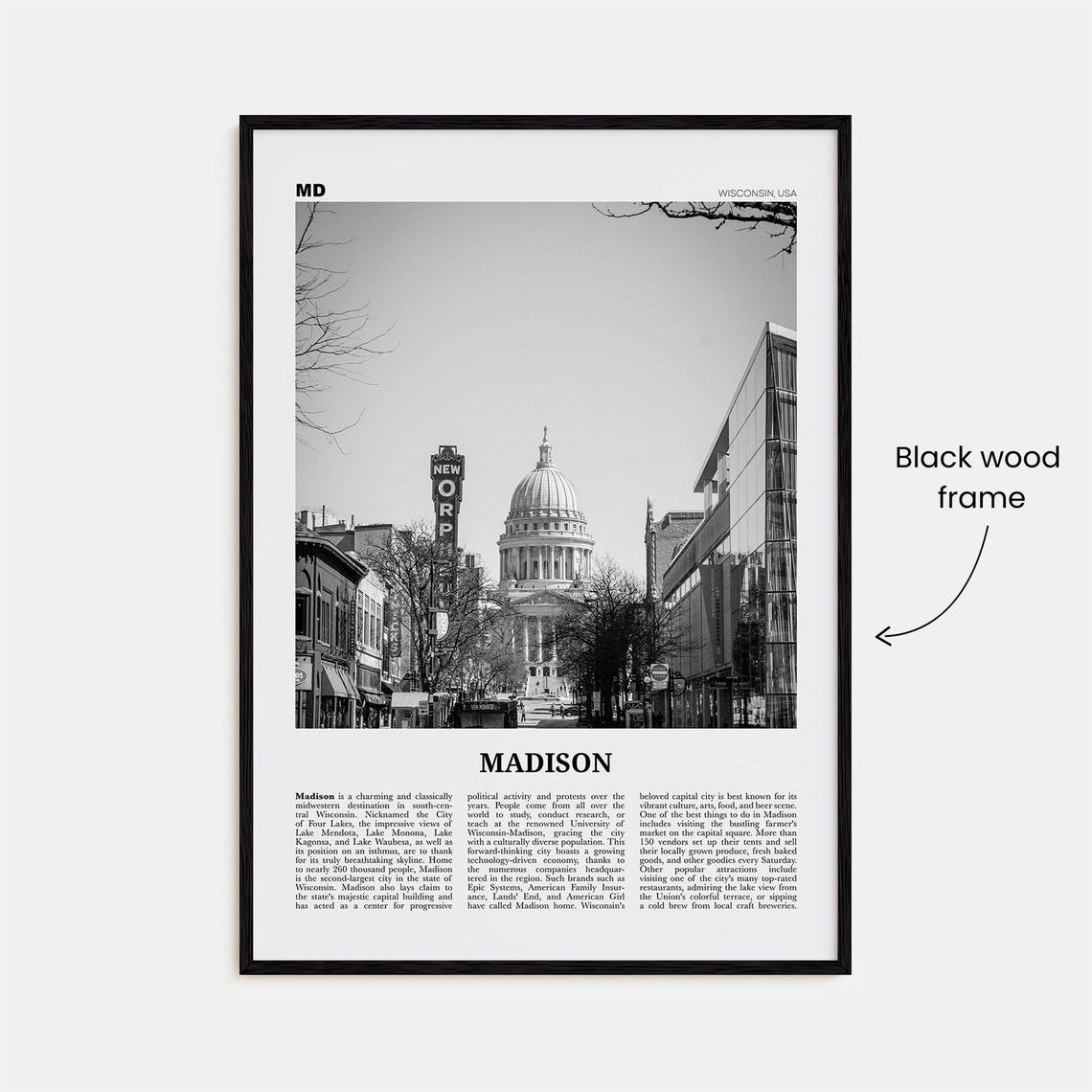 Madison Black and White Travel Poster, Wisconsin - Image 3
