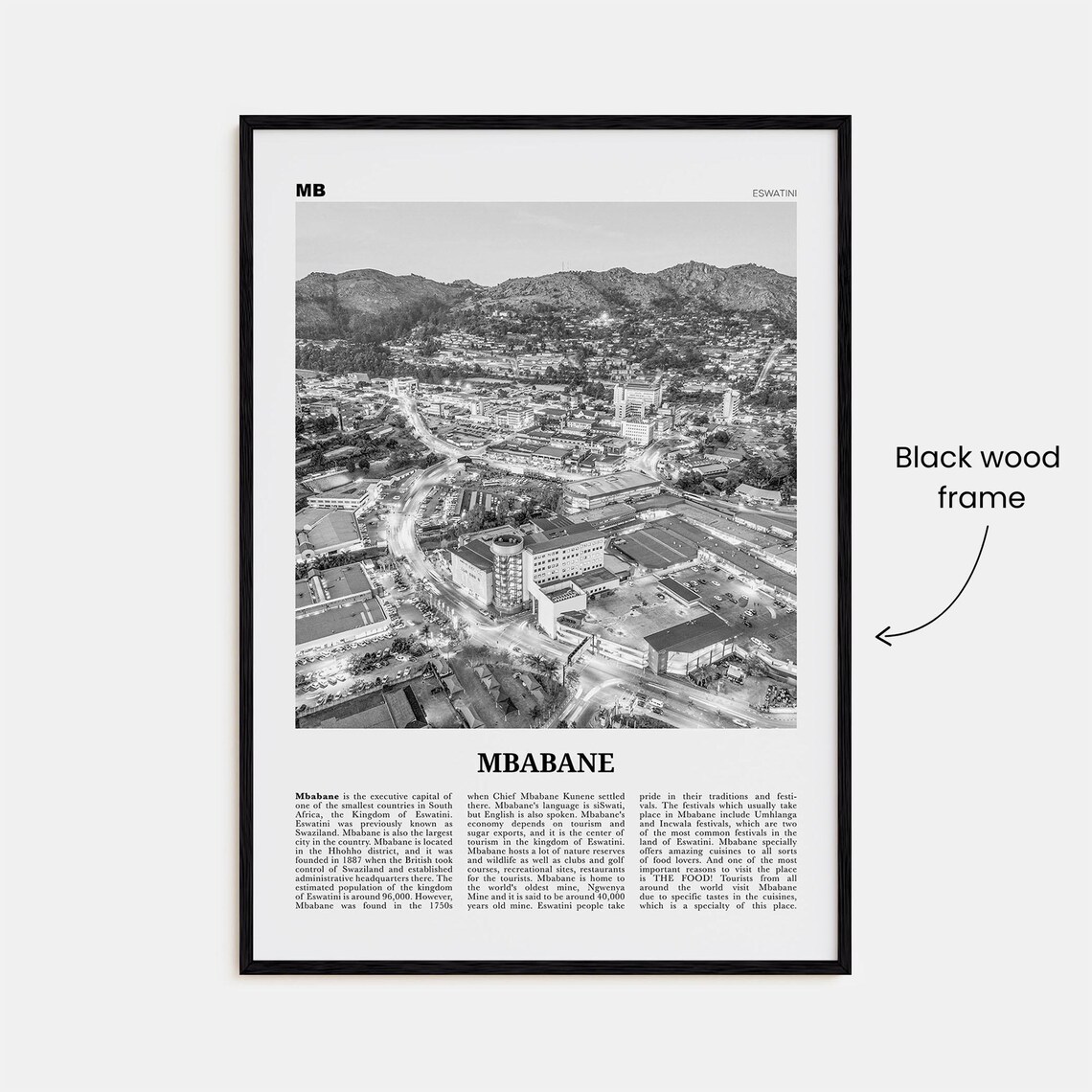 Mbabane Black and White Map Art Print, Eswatini - Image 3