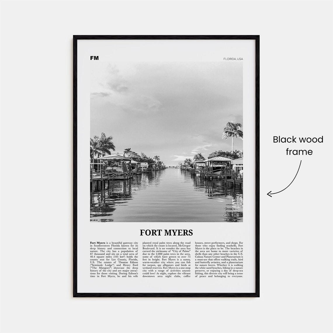 Fort Myers Black and White Travel Poster - Image 3