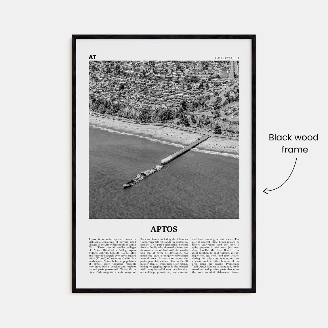 Aptos Black and White Travel Poster, California Map - Image 3