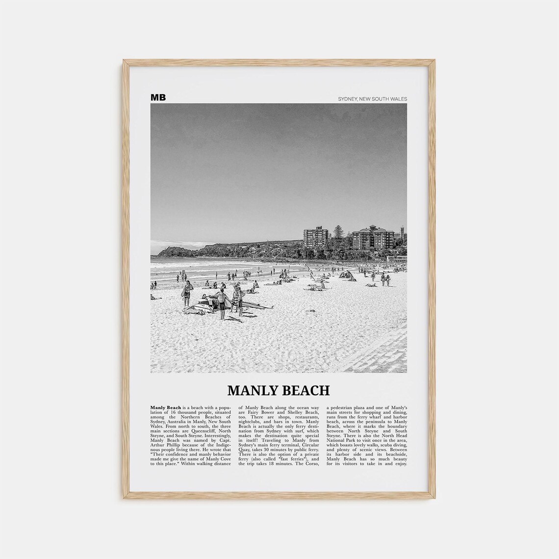 Manly Beach Black and White Travel Poster, Sydney