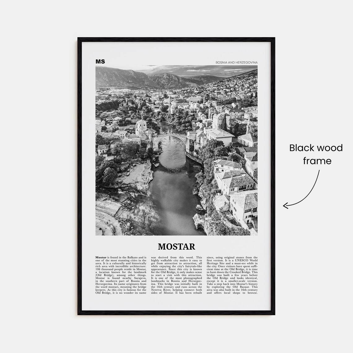Mostar Black and White Travel Poster, Bosnia Map - Image 3