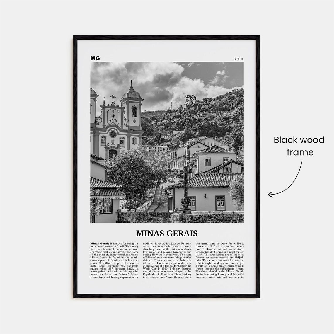 Minas Gerais Black And White Travel Map Print - Image 3
