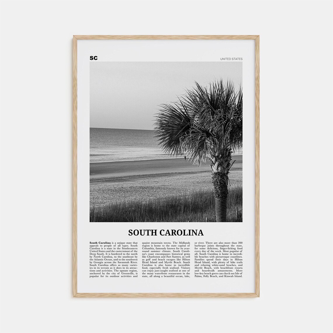 South Carolina Black And White Travel Poster, Map