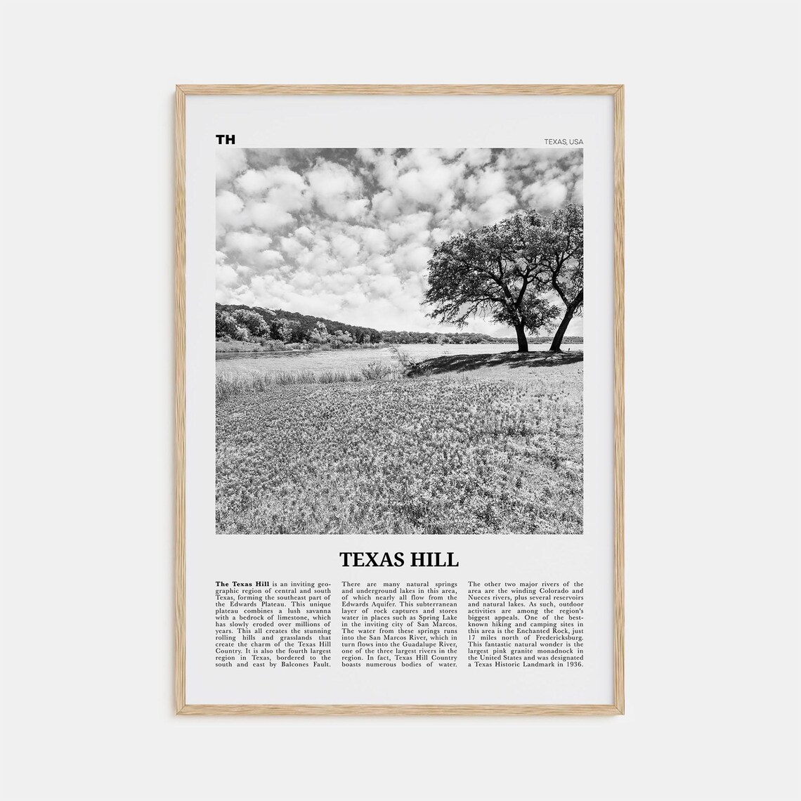 Texas Hill Black and White Travel Poster Print