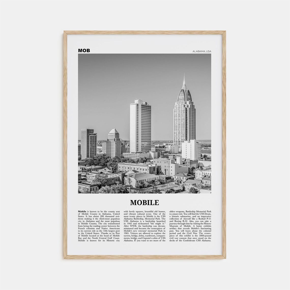 Mobile, Alabama Black and White Travel Poster