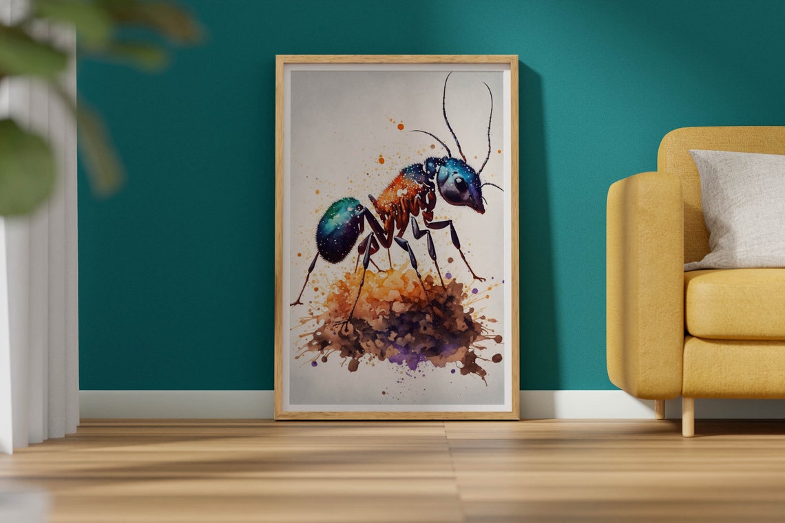 Watercolor Ant Poster Colorful Insect Macro Paint Splash Nature Art - Image 2