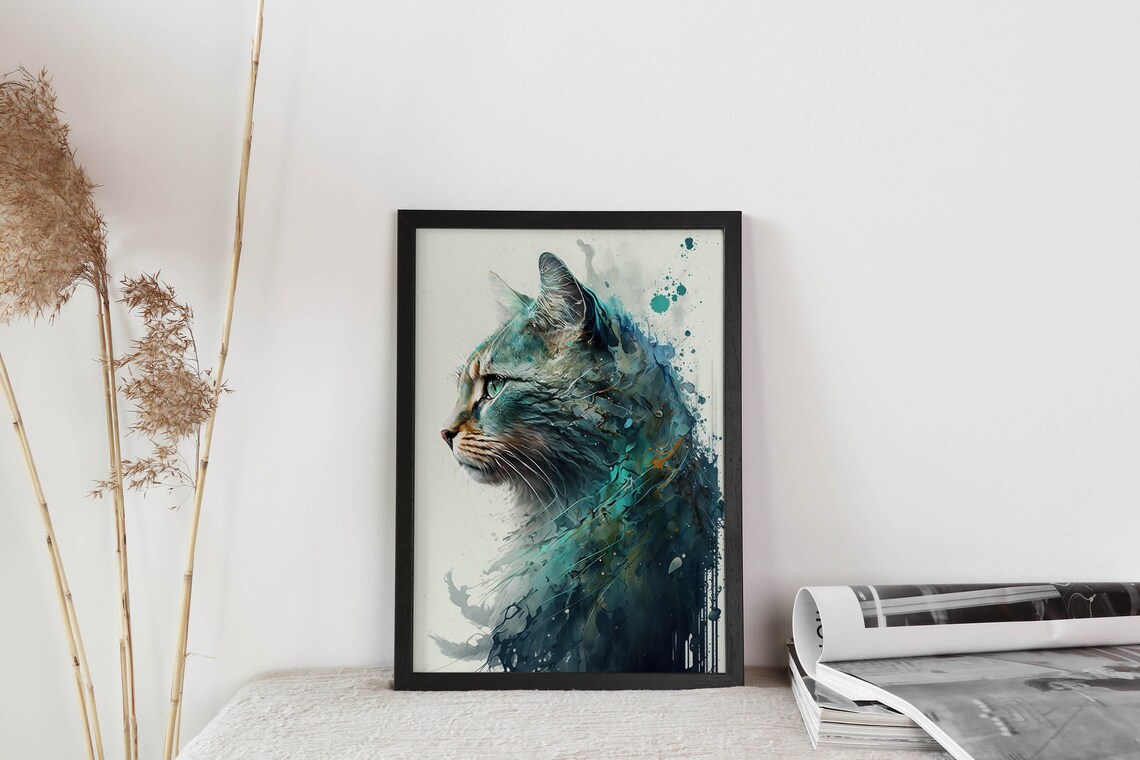 Cat Portrait Watercolor Teal Splash Abstract Feline Painting Art Print - Image 2
