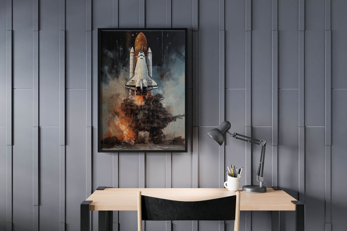 Space Shuttle Launch Painting Fiery Liftoff Dramatic Rocket Poster - Image 3