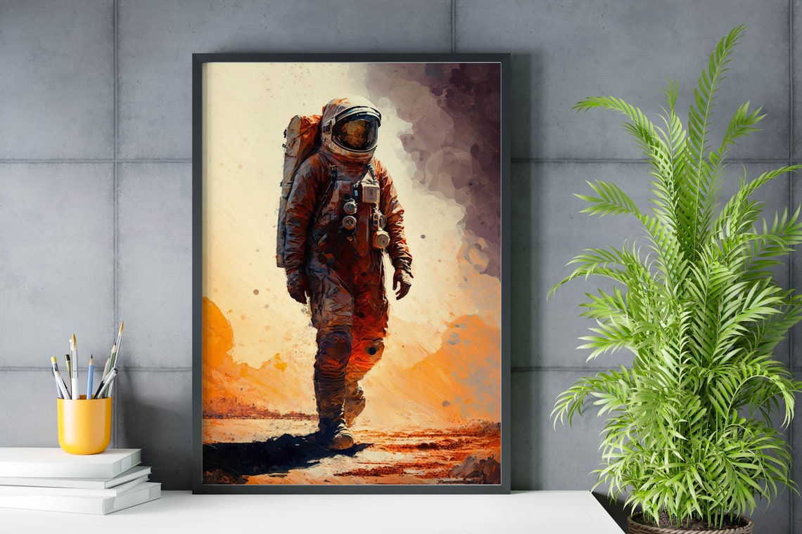 Astronaut Walking Desert Watercolor Poster Warm Orange Haze Artwork - Image 2