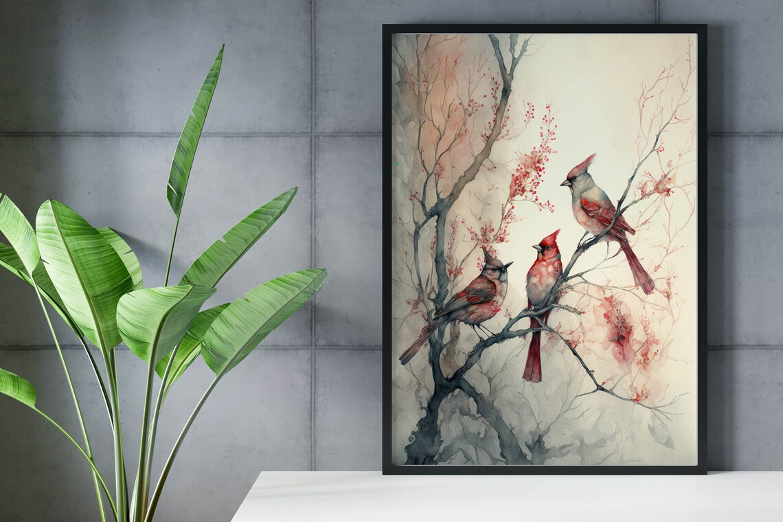 Three Northern Cardinals Winter Berry Branch Watercolor Print - Image 2