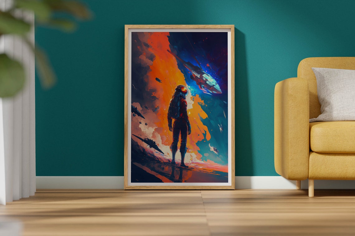 Astronaut Spaceship Fleet Poster Sci Fi Galaxy Orange Blue Art - Image 2