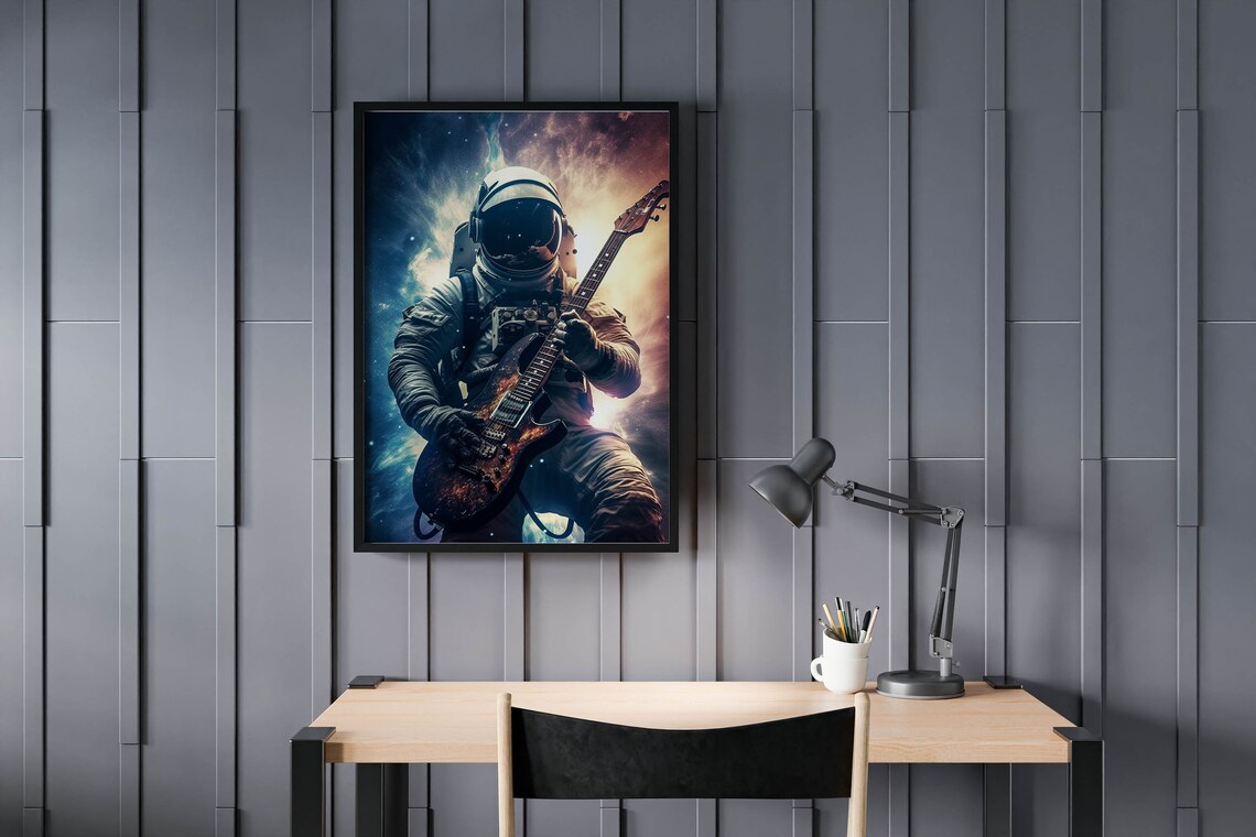 Astronaut Guitarist Holding Electric Guitar in Starry Nebula Poster - Image 2