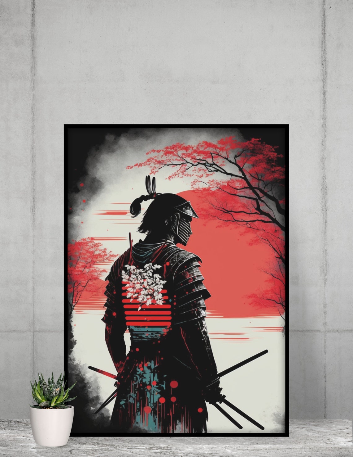 Samurai Warrior Armor Red Sun Cherry Blossom Japanese Art Poster - Image 2
