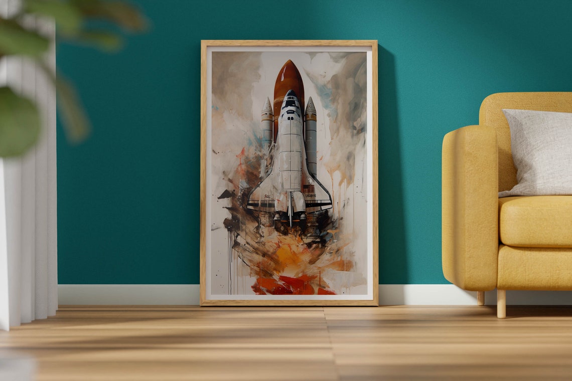 Space Shuttle Abstract Watercolor Splash Orange Grey Tones Poster - Image 2