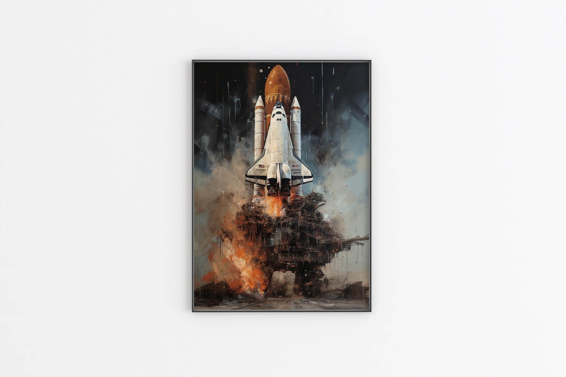 Space Shuttle Launch Painting Fiery Liftoff Dramatic Rocket Poster - Image 2