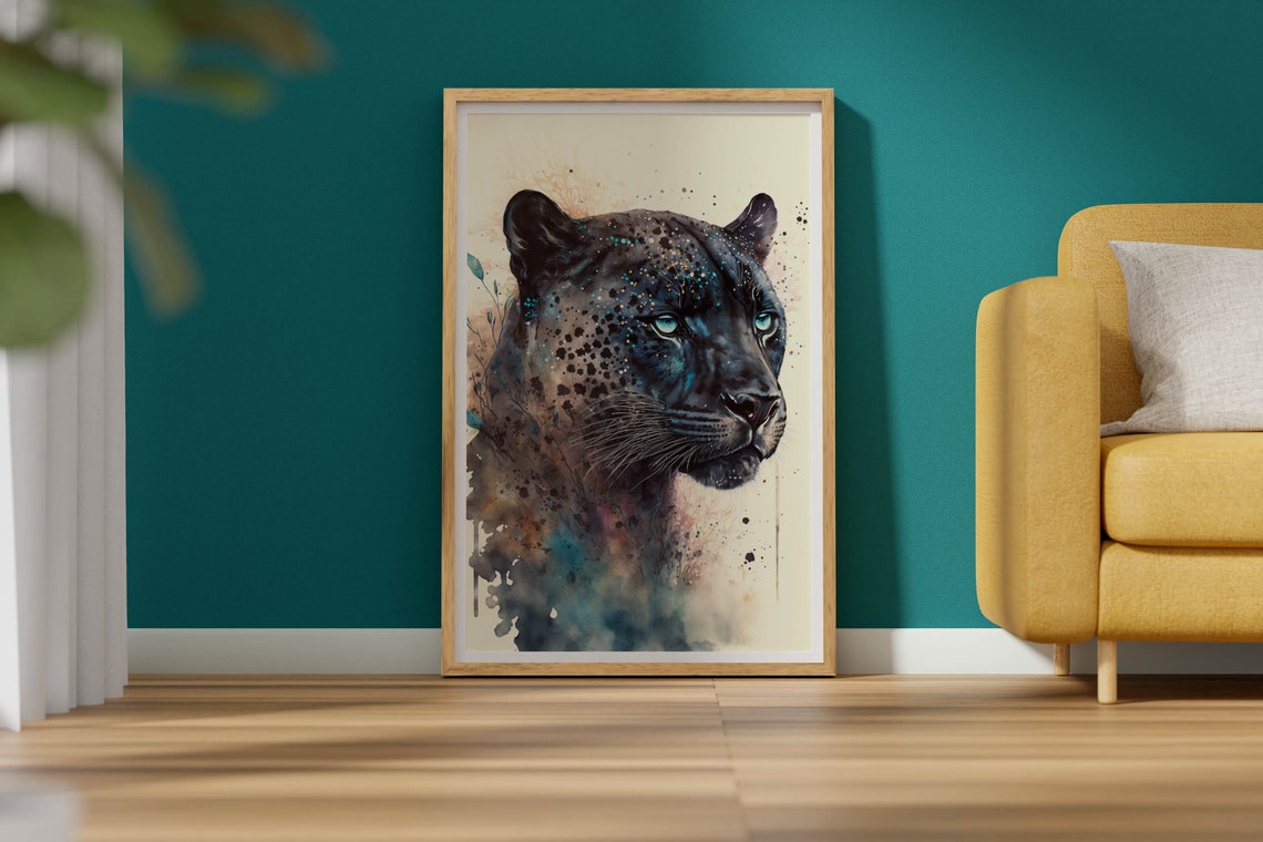 Black Panther Watercolor Poster Wild Cat Paint Splash Jungle Art - Image 2