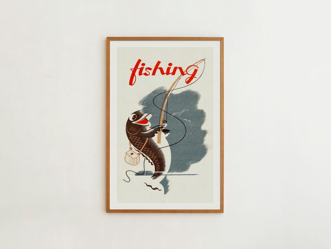 Vintage Fly Fishing Travel Poster, Outdoors Decor