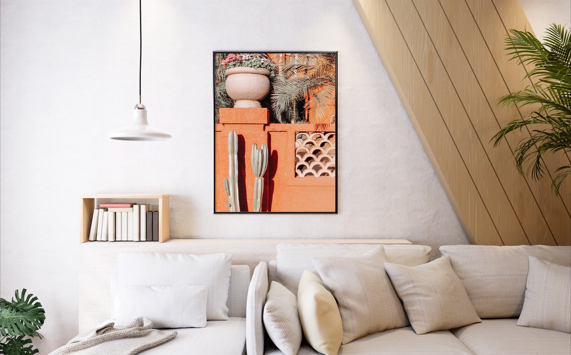 Cacti And Stone Planter Against Bright Orange Moroccan Wall Art - Image 2