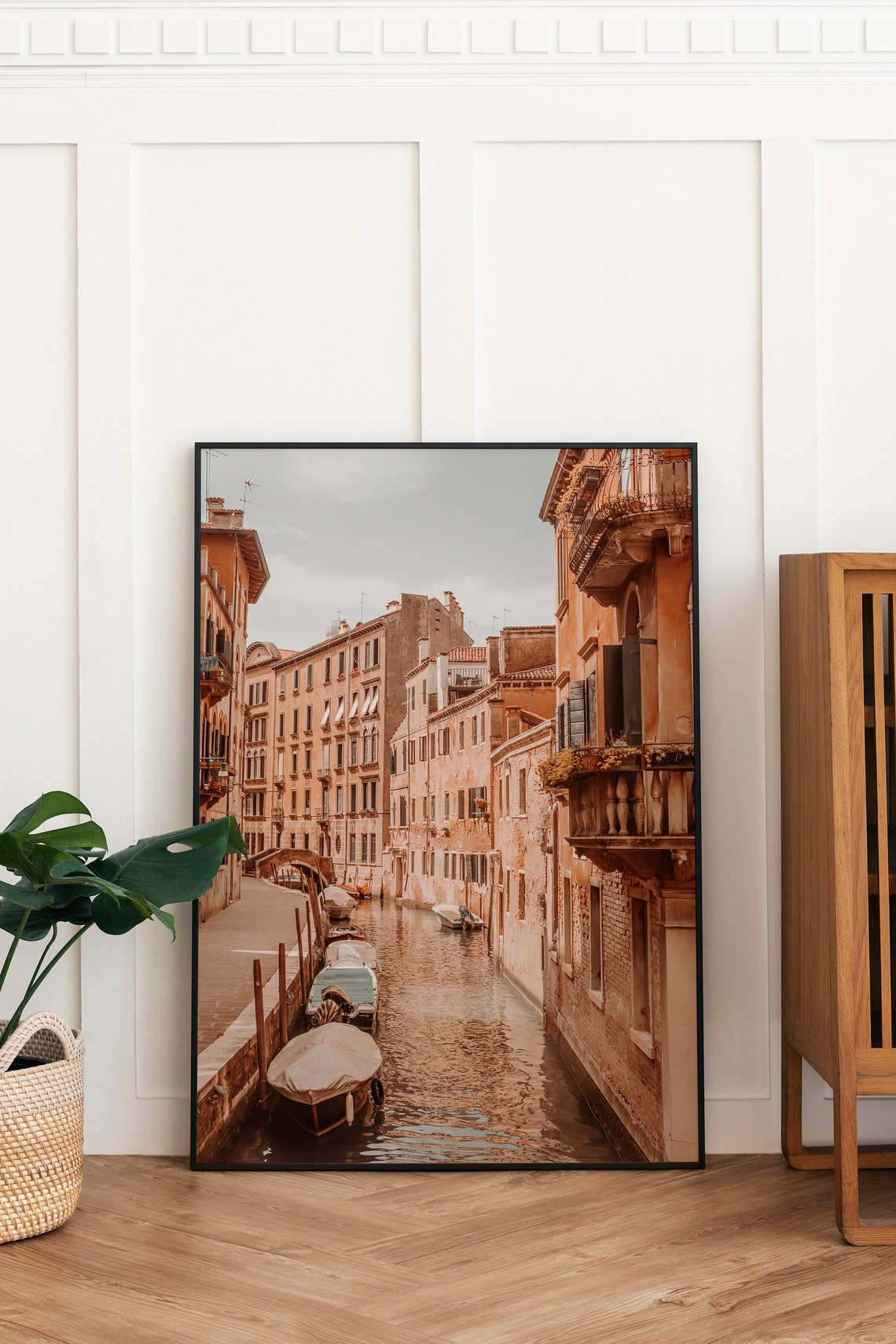Venice Quiet Canal Moored Boats Old Buildings Pastel Photo Art Poster - Image 2