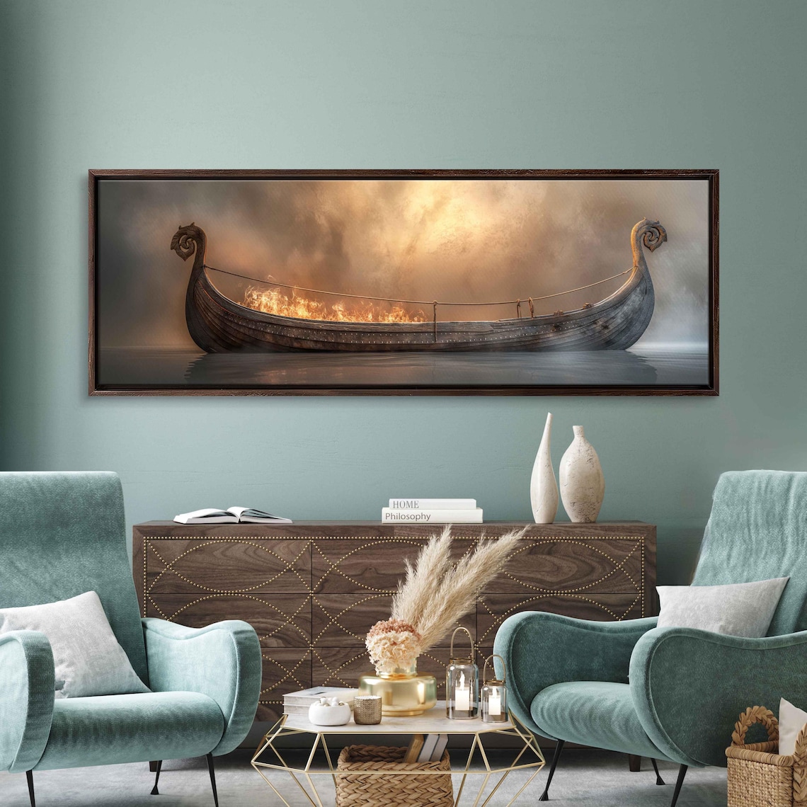 Viking Longship Set on Fire, Norse Nautical Art Print