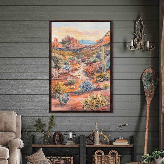 Sedona Arizona Hiking Trail Broad Landscape Wall Art Print Western Painting Canyon Gorge Red Rocks Ready To Hang