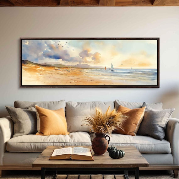 Tranquil Beach Watercolor Sailboats Golden Shore Panoramic Art Poster