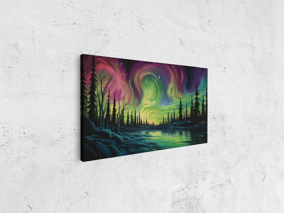 Starry Aurora Night Sky Pine Lake Reflection Northern Lights Travel Poster - Image 4