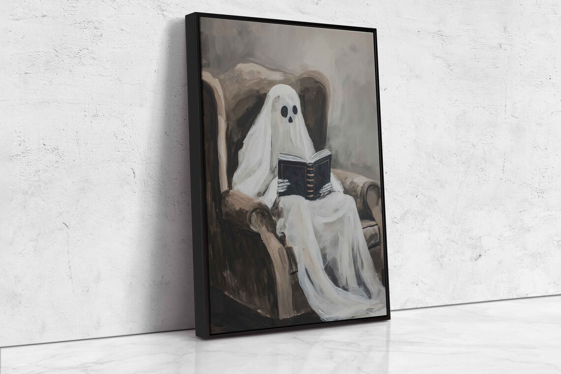 Ghost Reading Book In Cozy Armchair Cute Spooky Acrylic Wall Art - Image 4