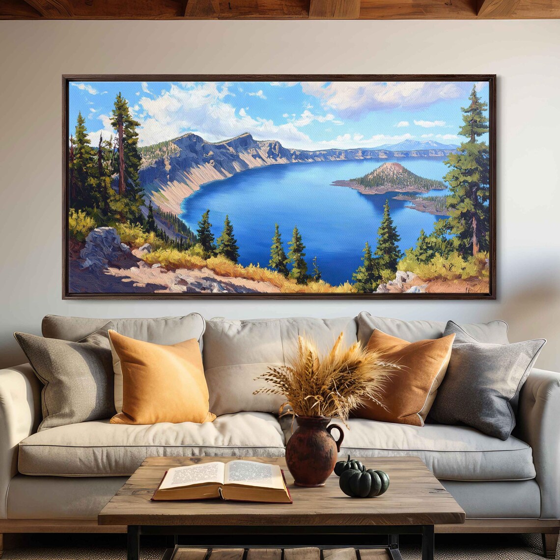 Crater Lake Scenic View Art Print, Evergreen Forests