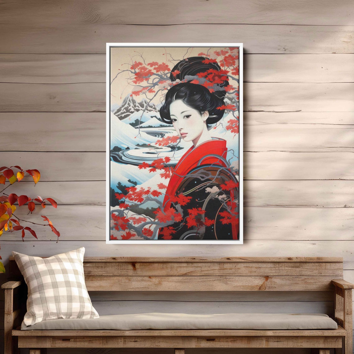 Ukiyo E Style Geisha Red Kimono Snowy Mountain Maple Wall Art Print - Image 2