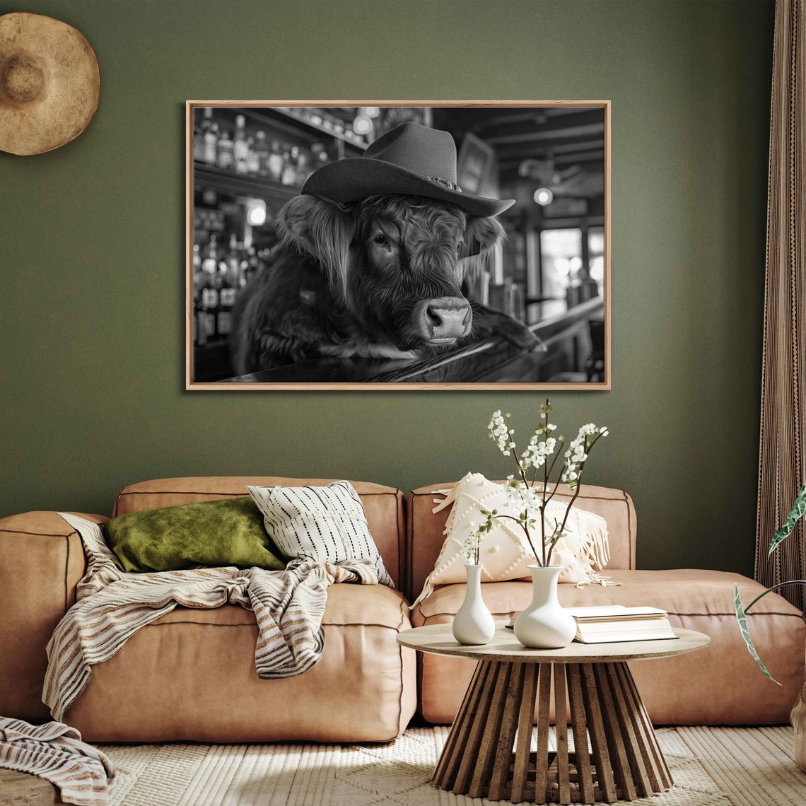 Highland Cow Cowboy Hat Bar Counter Black And White Photo Poster - Image 3