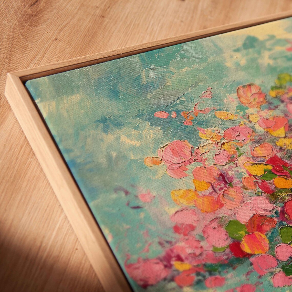 Vibrant Pink Tree Painting Lush Greenery Cloudy Blue Sky Wall Art Print Ready To Hang - Image 2