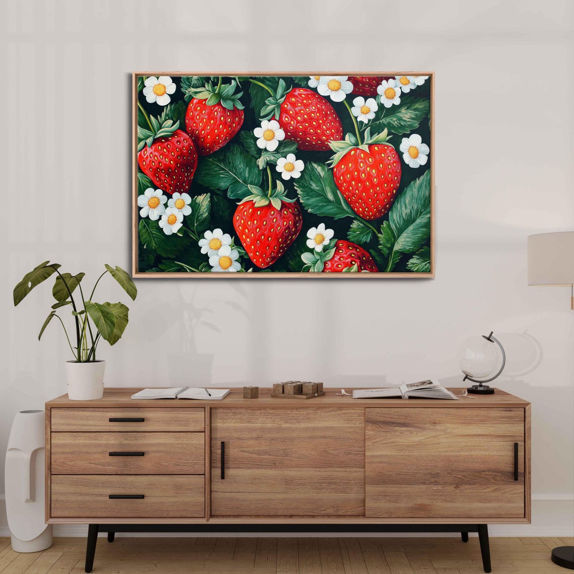 Bold Red Strawberries With Blossoms On Dark Background Painting