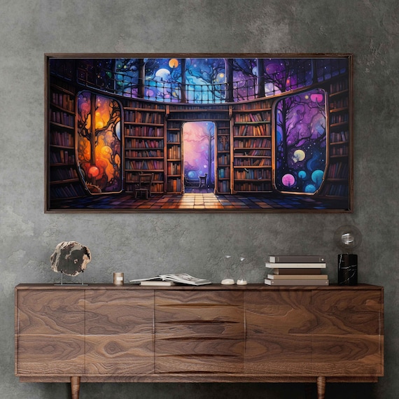 Colorful Fantasy Library Night Panoramic Bookshelves Moon Planets Art Poster