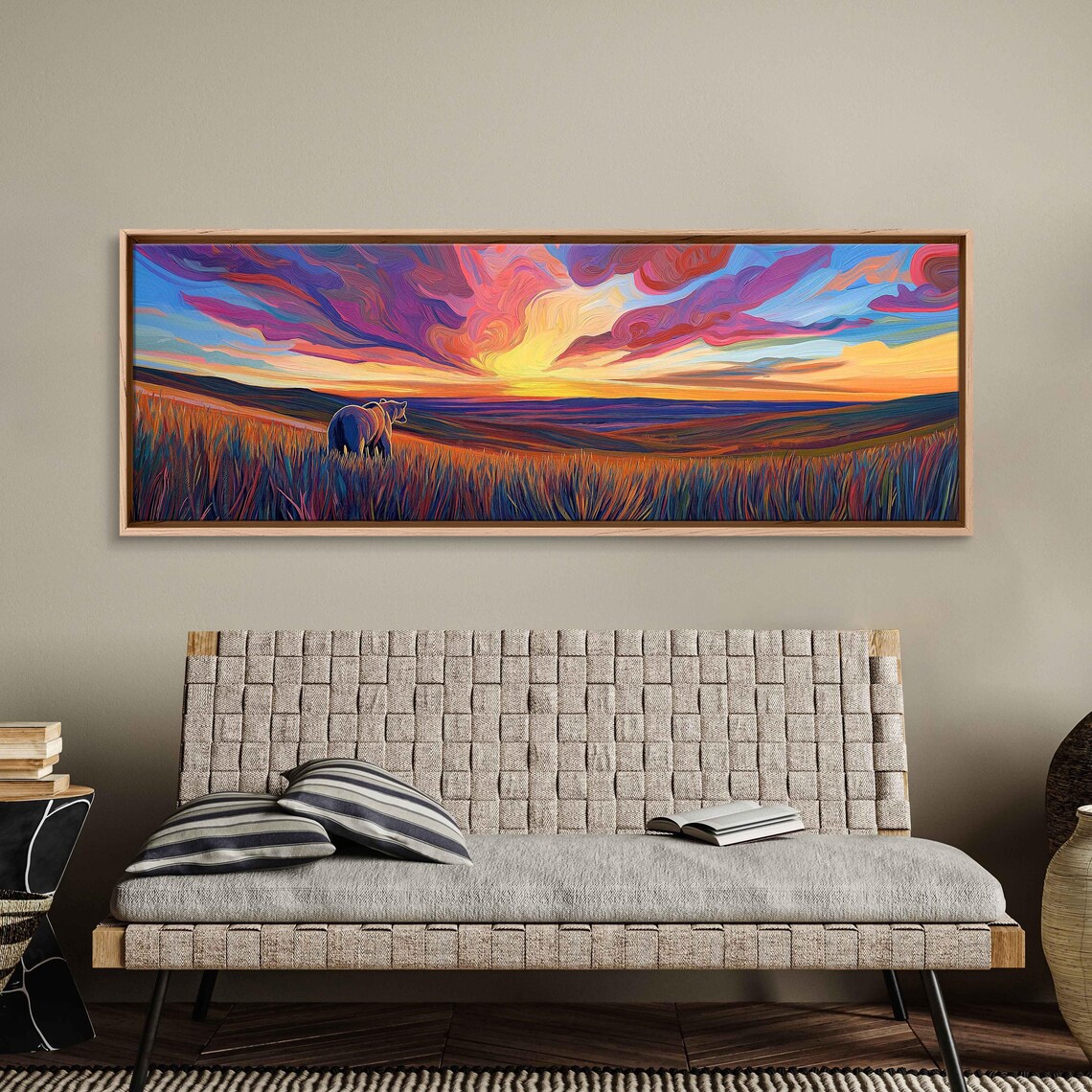 Grizzly Bear in Tall Prairie Grass Under Swirling Vivid Sunset Sky Oil Poster - Image 3