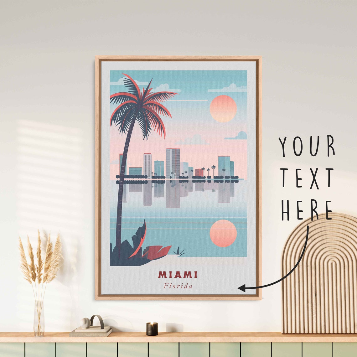 Miami Florida Palm Tree Skyline Over Bay Sunset Travel Poster