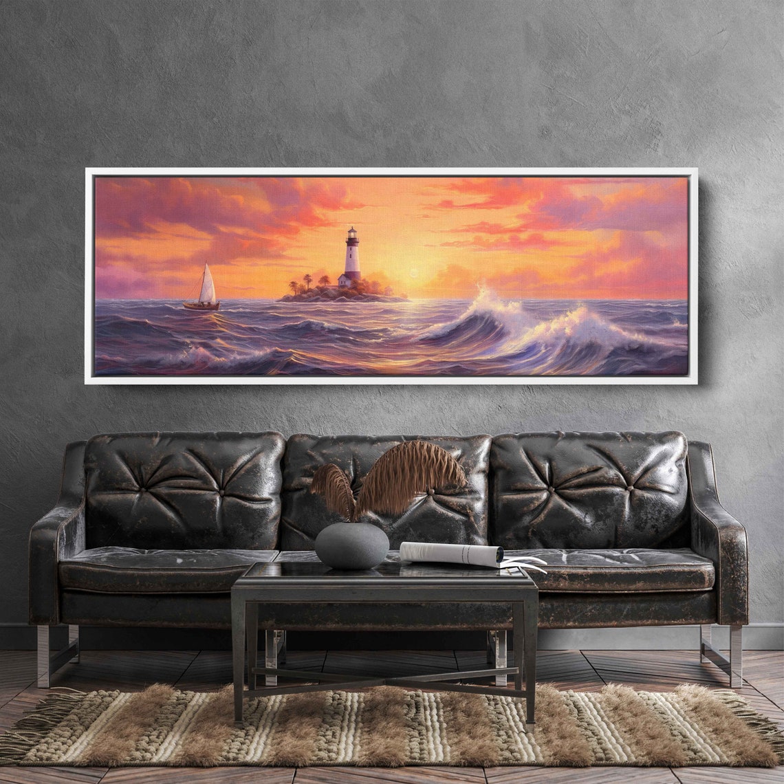 Panoramic Lighthouse Seascape Oil Painting Framed Print Tropical Wall Art Beach House Decor - Image 3