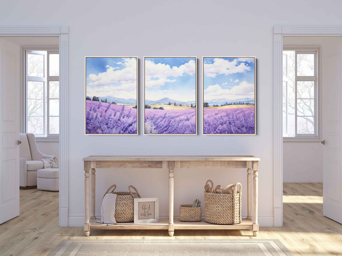Lavender Field Triptych Watercolor Purple Blooms Blue Sky Wall Art - Image 4