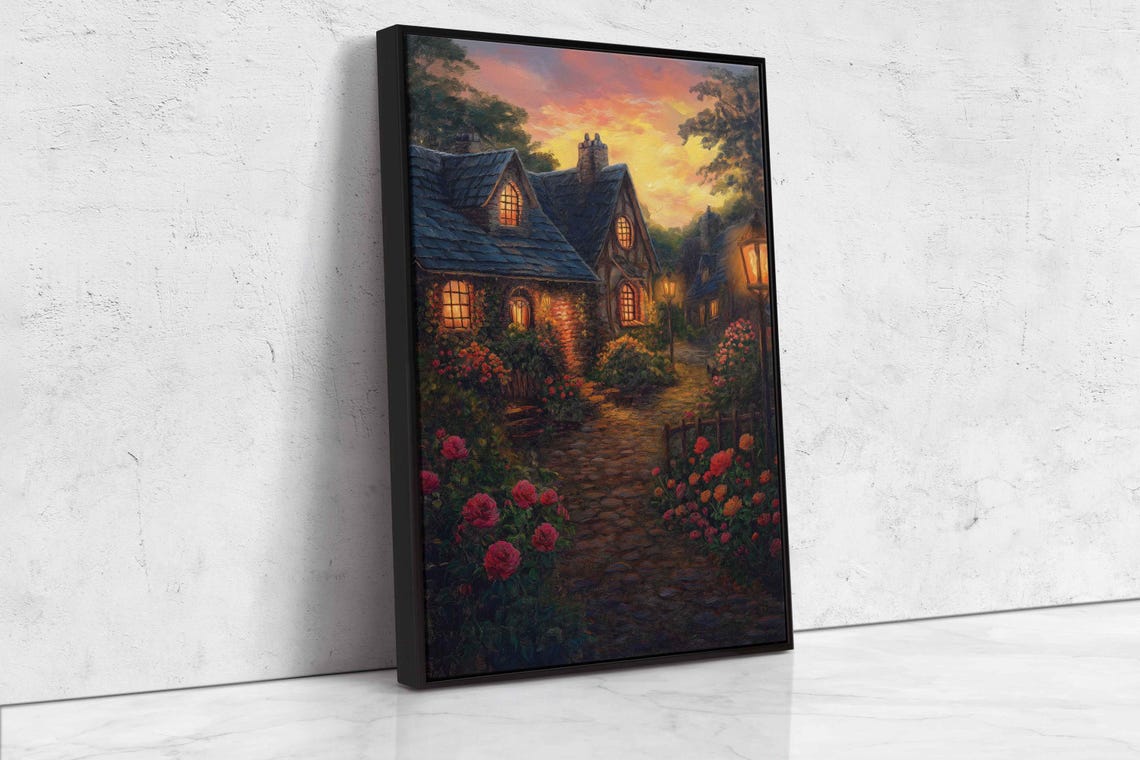 Cozy Cottage Sunset Glowing Windows Rose Garden Nostalgic Home Poster - Image 4