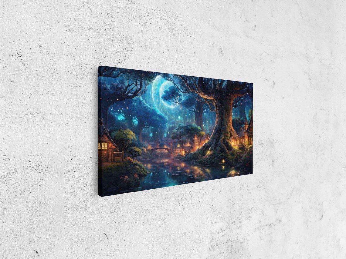 Moonlit Enchanted Forest Village River Starry Night Fantasy Landscape Poster - Image 4