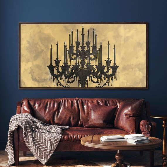 Gothic Chandelier Black Silhouette Antique Gold Vintage Halloween Poster