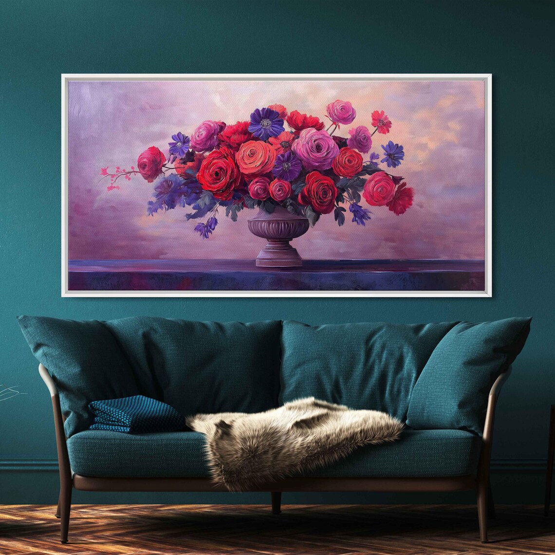 Red Roses Vintage Vase Sunset Sky Bold Floral Bouquet Art Poster - Image 3